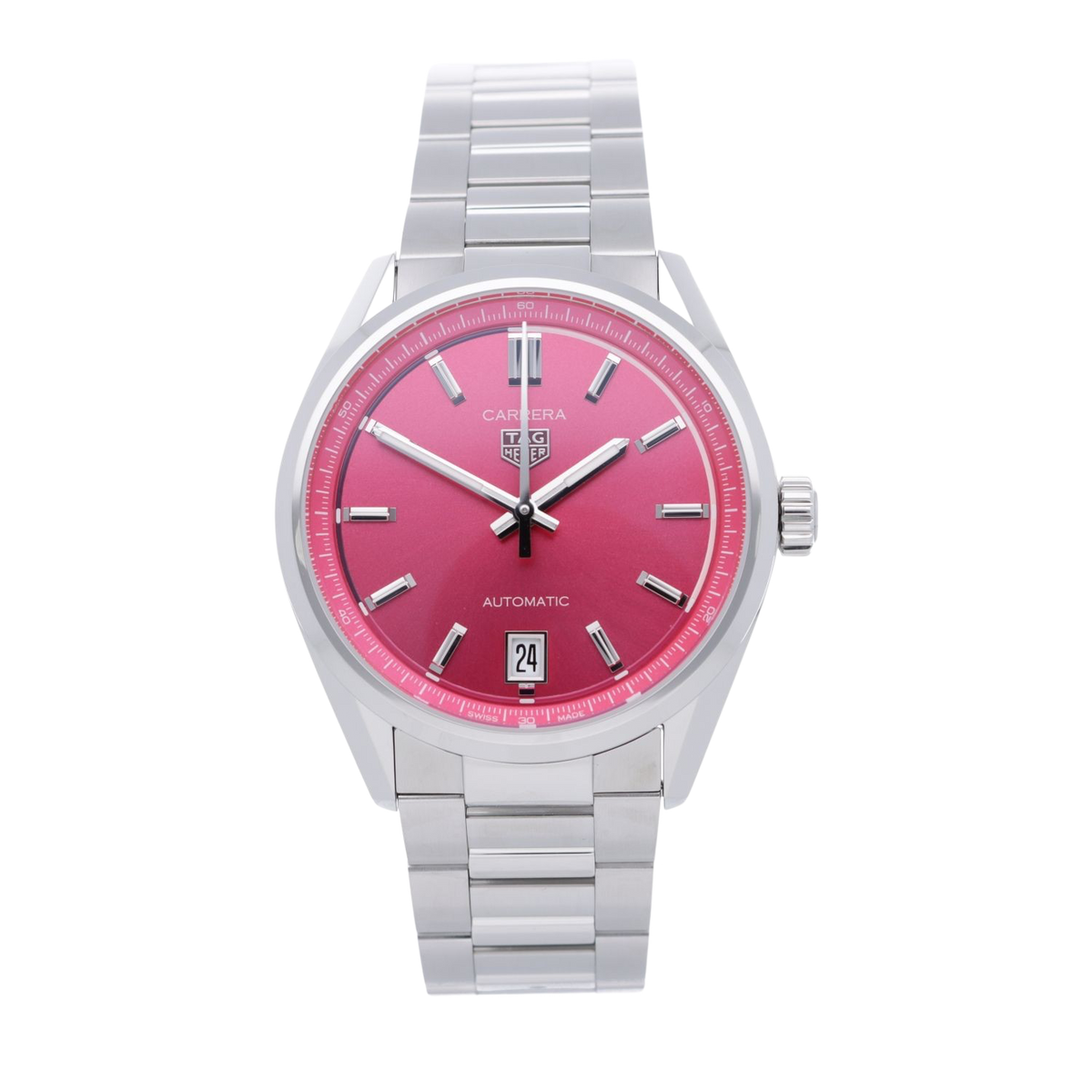 Tag Heuer Carrera Date Automatic 18K Pink Dial Silver Steel Strap Watch for Women - WBN2313.BA0001