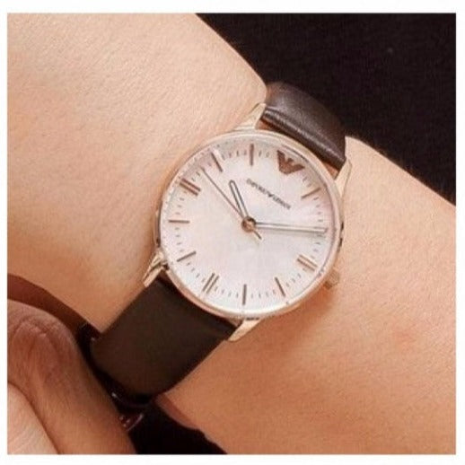 Emporio Armani Classic Quartz Mother of Pearl Dial Brown Leather Strap Watch For Women - AR1601