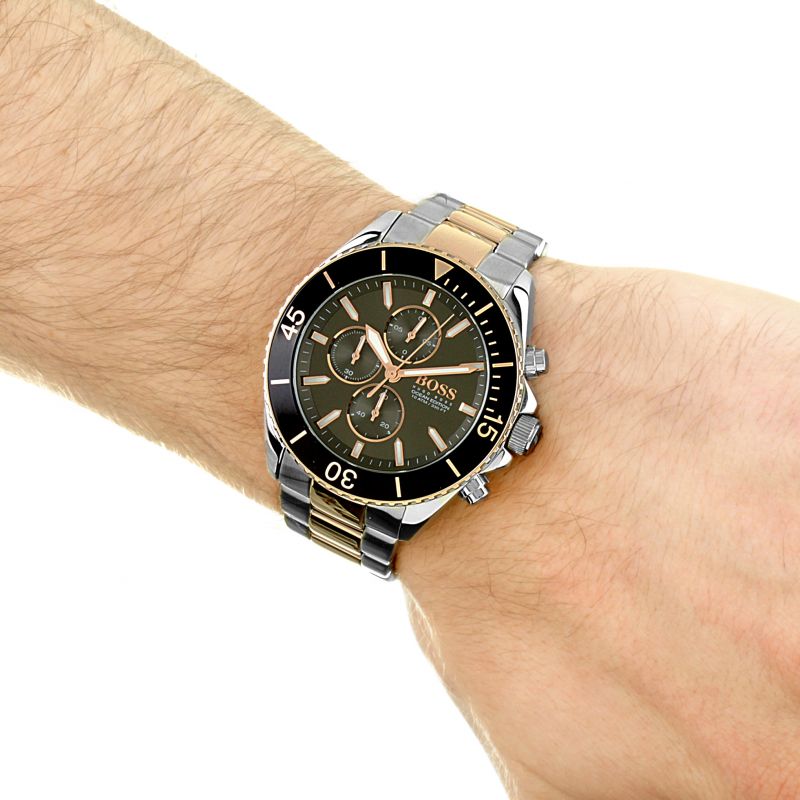 Hugo Boss Ocean Edition Chronograph Black Dial Two Tone Steel Strap Watch for Men - 1513705