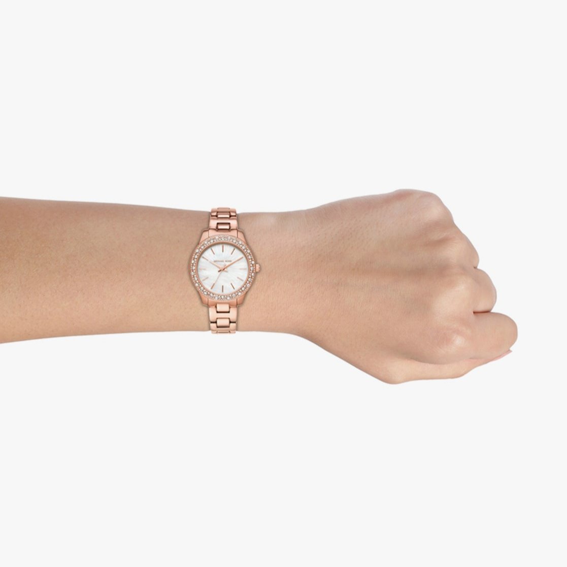 Michael Kors Lilane Three Hand Mother of Pearl White Dial Rose Gold Steel Strap Watch For Women - MK4557