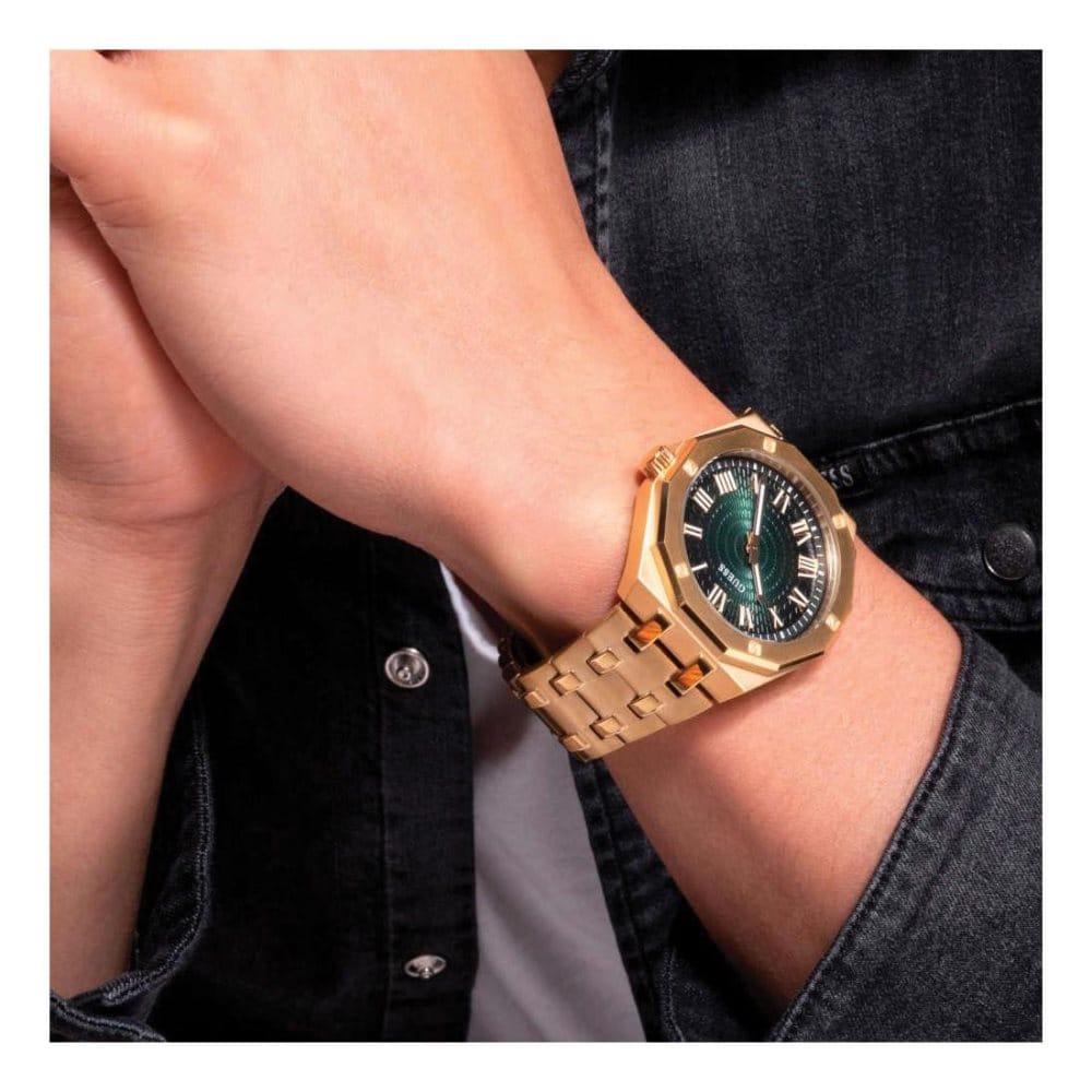 Guess Asset Quartz Green Dial Gold Steel Strap Watch For Men - GW0575G2