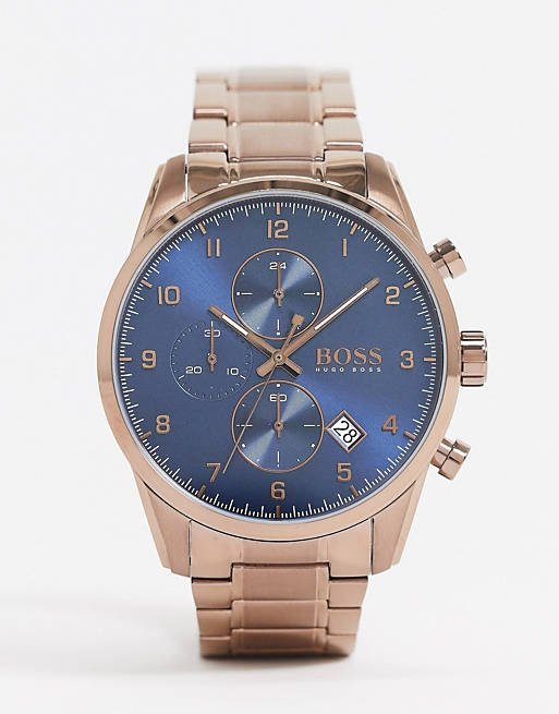 Hugo Boss Skymaster Chronograph Blue Dial Brown Steel Strap Watch for Men - 1513788