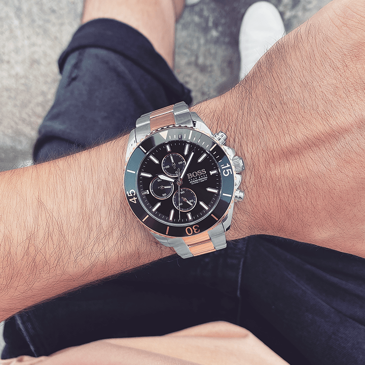Hugo Boss Ocean Edition Chronograph Black Dial Two Tone Steel Strap Watch for Men - 1513705