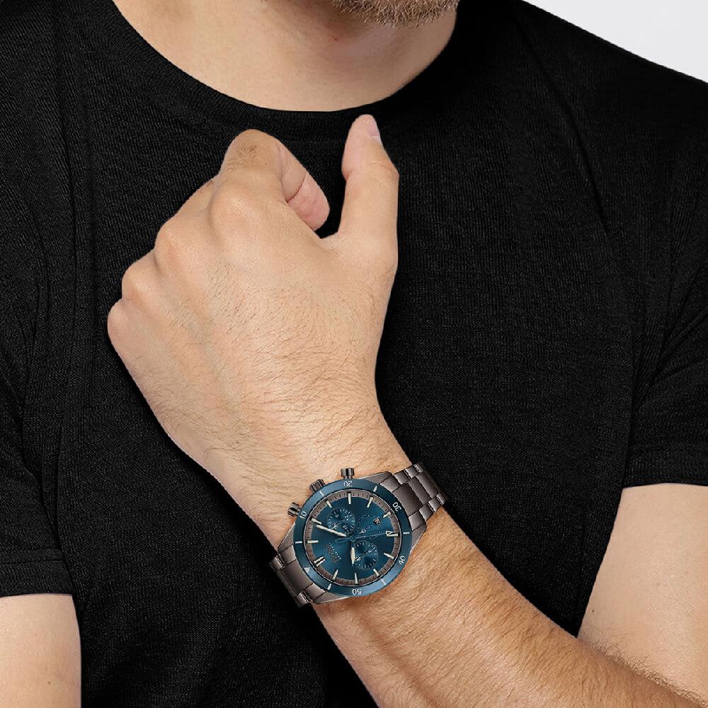 Hugo Boss Santiago Chronograph Blue Dial Grey Steel Strap Watch for Men - 1513863