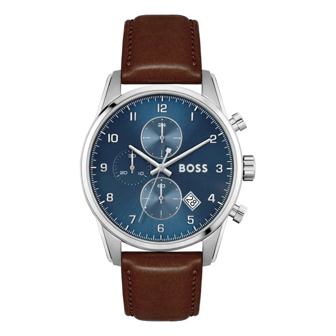 Hugo Boss Skymaster Chronograph Blue Dial Brown Leather Strap Watch for Men - 1513940