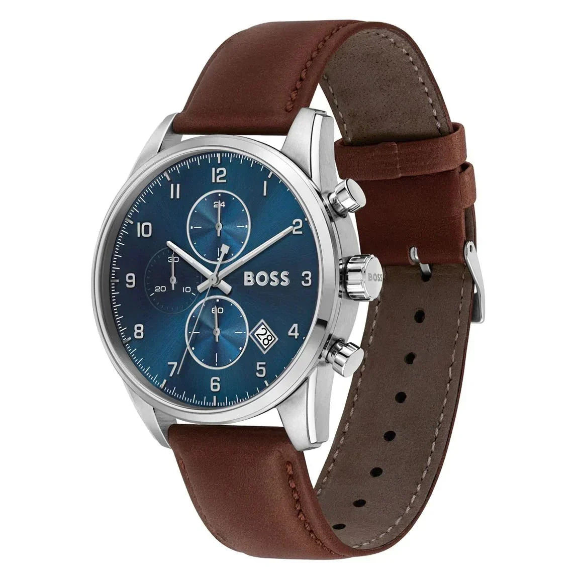 Hugo Boss Skymaster Chronograph Blue Dial Brown Leather Strap Watch for Men - 1513940