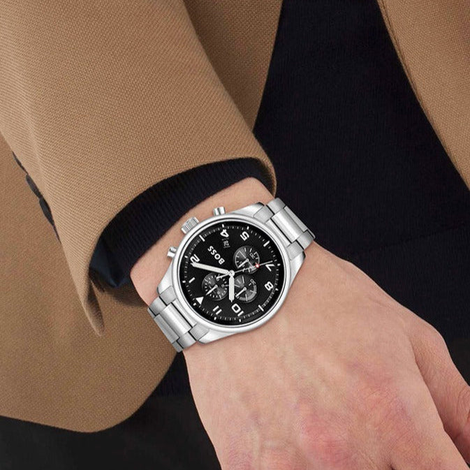 Hugo Boss View Chronograph Black Dial Silver Steel Strap Watch For Men - 1514008