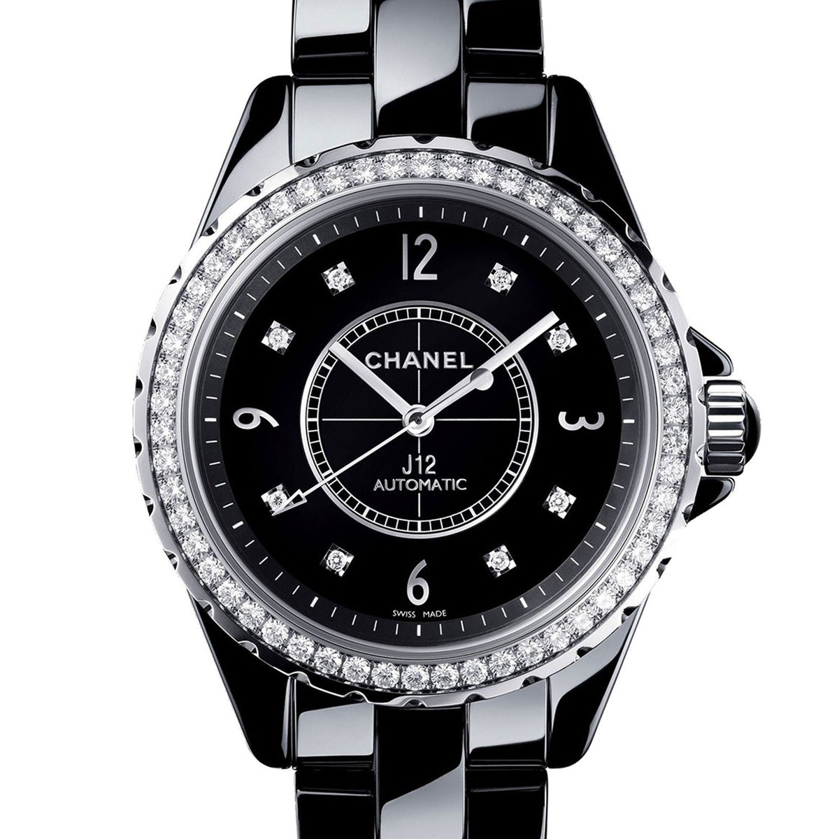 Shop Authentic Chanel J12 Diamonds Ceramic Black Dial Black Steel Strap Watch for Women - J12 H3108 - Luxxuri