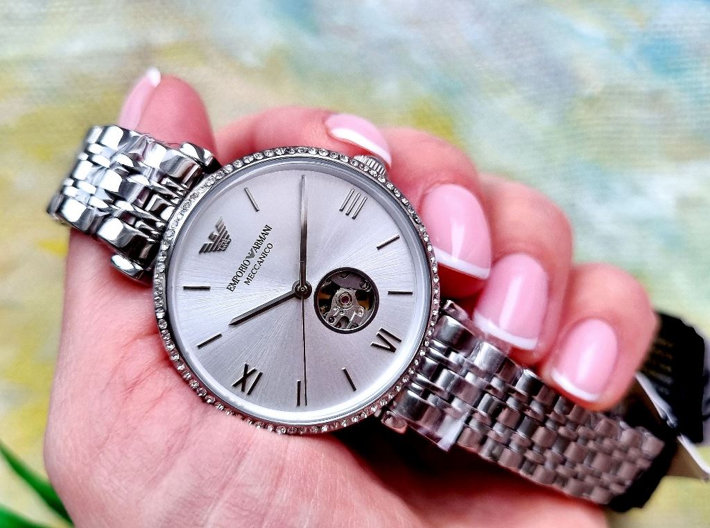 Emporio Armani Meccanico Gianni T-Bar Automatic Silver Dial Silver Steel Strap Watch For Women - AR60022