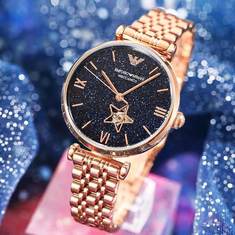 Emporio Armani Meccanico Gianni T Bar Blue Dial Rose Gold Steel Strap Watch For Women - AR60043