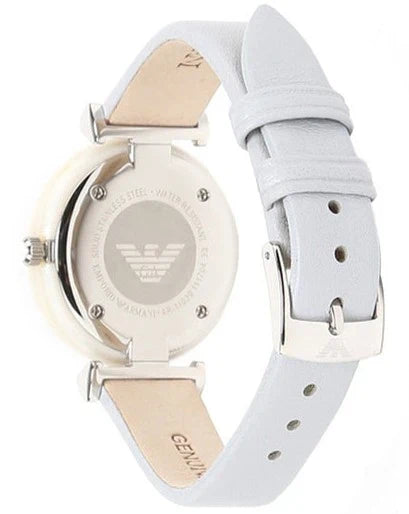 Emporio Armani Gianni T-Bar Mother Of Pearl White Dial Grey Leather Strap Watch For Women - AR11039