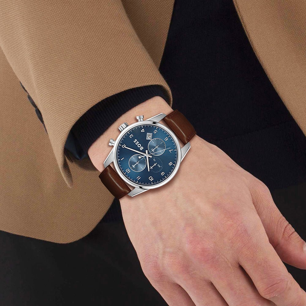 Hugo Boss Skymaster Chronograph Blue Dial Brown Leather Strap Watch for Men - 1513940