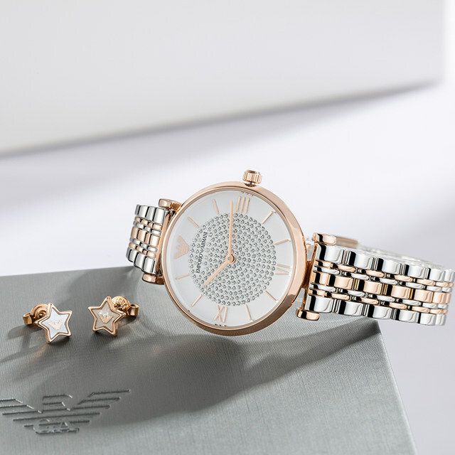 Emporio Armani Gianni T Bar White Dial Two Tone Steel Strap Watch For Women - AR80035