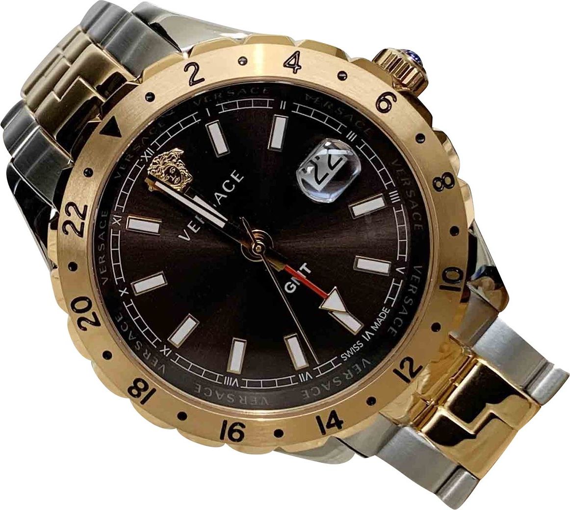 Versace Hellenyium GMT Black Dial Two Tone Steel Strap Watch for Men - V11040015