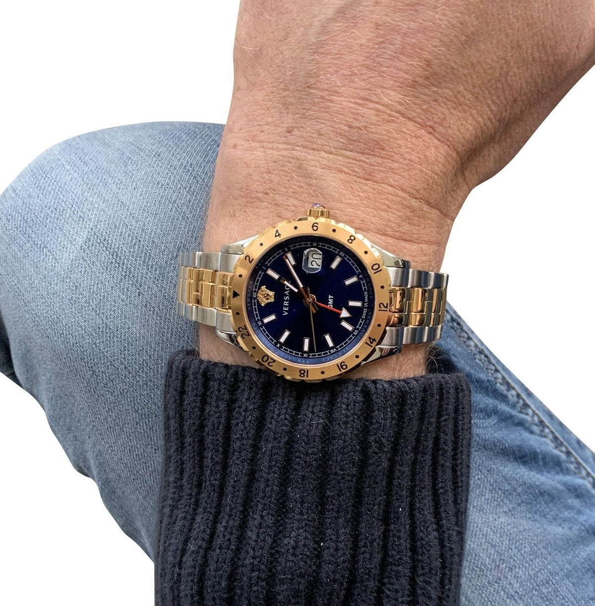 Versace Hellenyium GMT Blue Dial Two Tone Steel Strap Watch for Men - V11060017