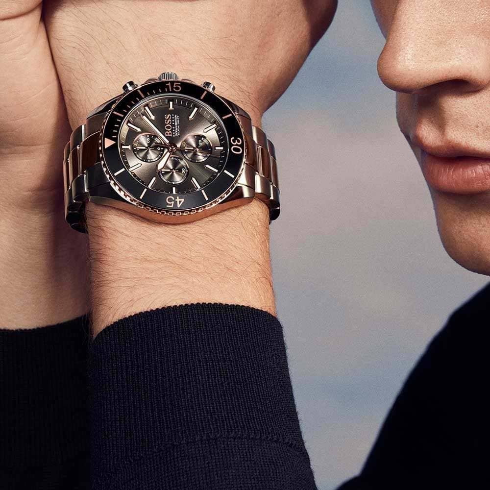 Hugo Boss Ocean Edition Chronograph Black Dial Two Tone Steel Strap Watch for Men - 1513705