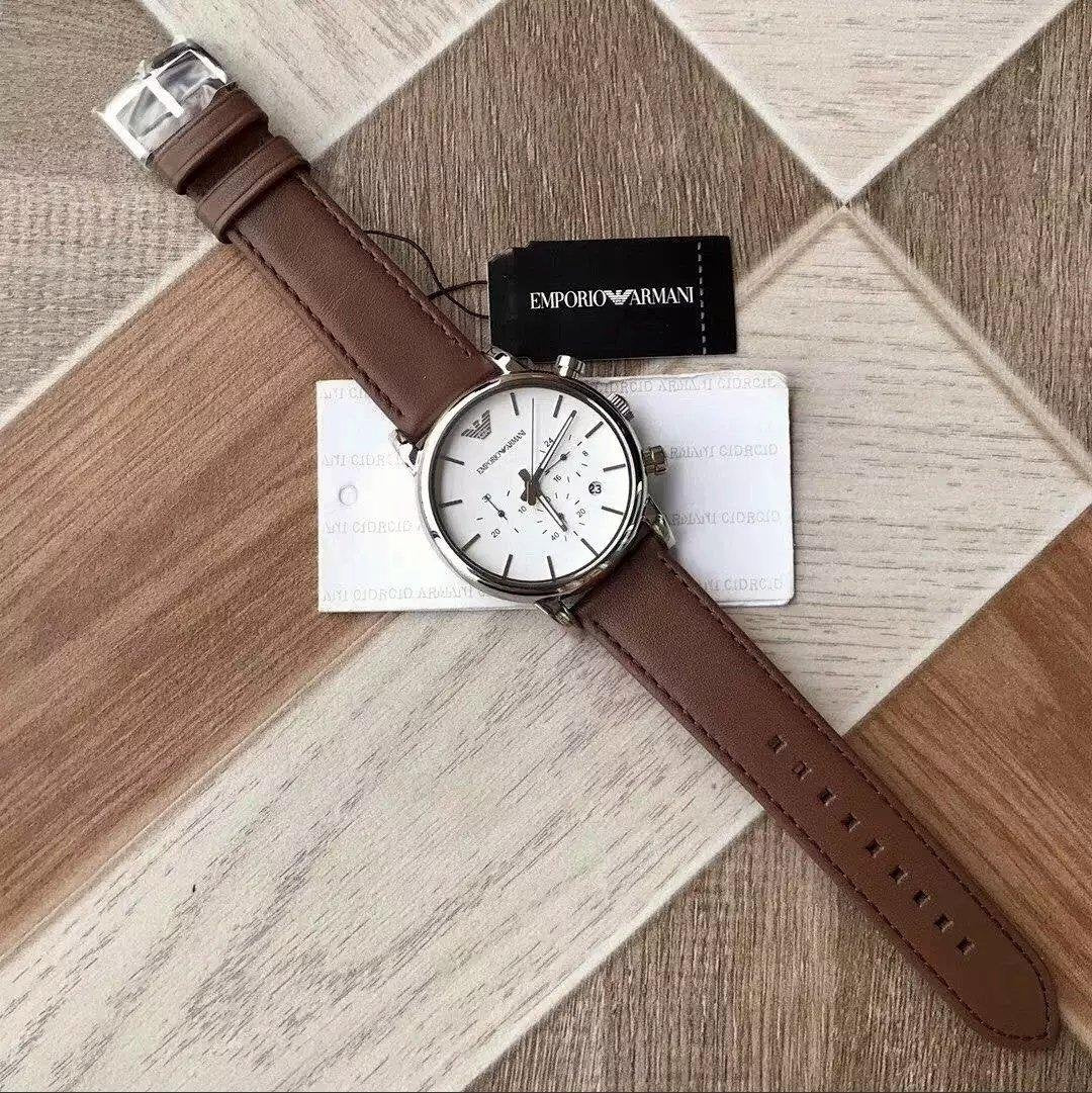 Emporio Armani Luigi Chronograph Silver Dial Brown Leather Strap Watch for Men - AR1846