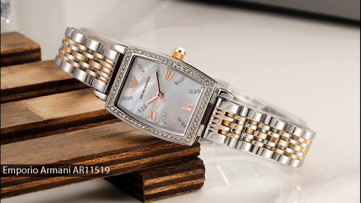 Emporio Armani Gianni T Bar White Mother Of Pearl Dial Two Tone Steel Strap Watch For Women - AR11519