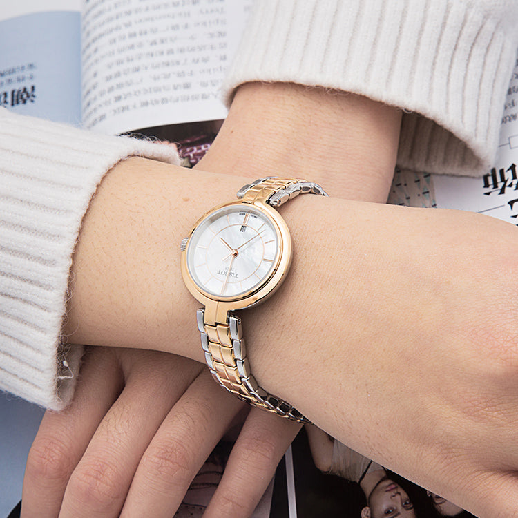 Tissot T Lady Flamingo Mother of Pearl White Dial Two Tone Steel Strap Watch For Women - T094.210.22.111.00