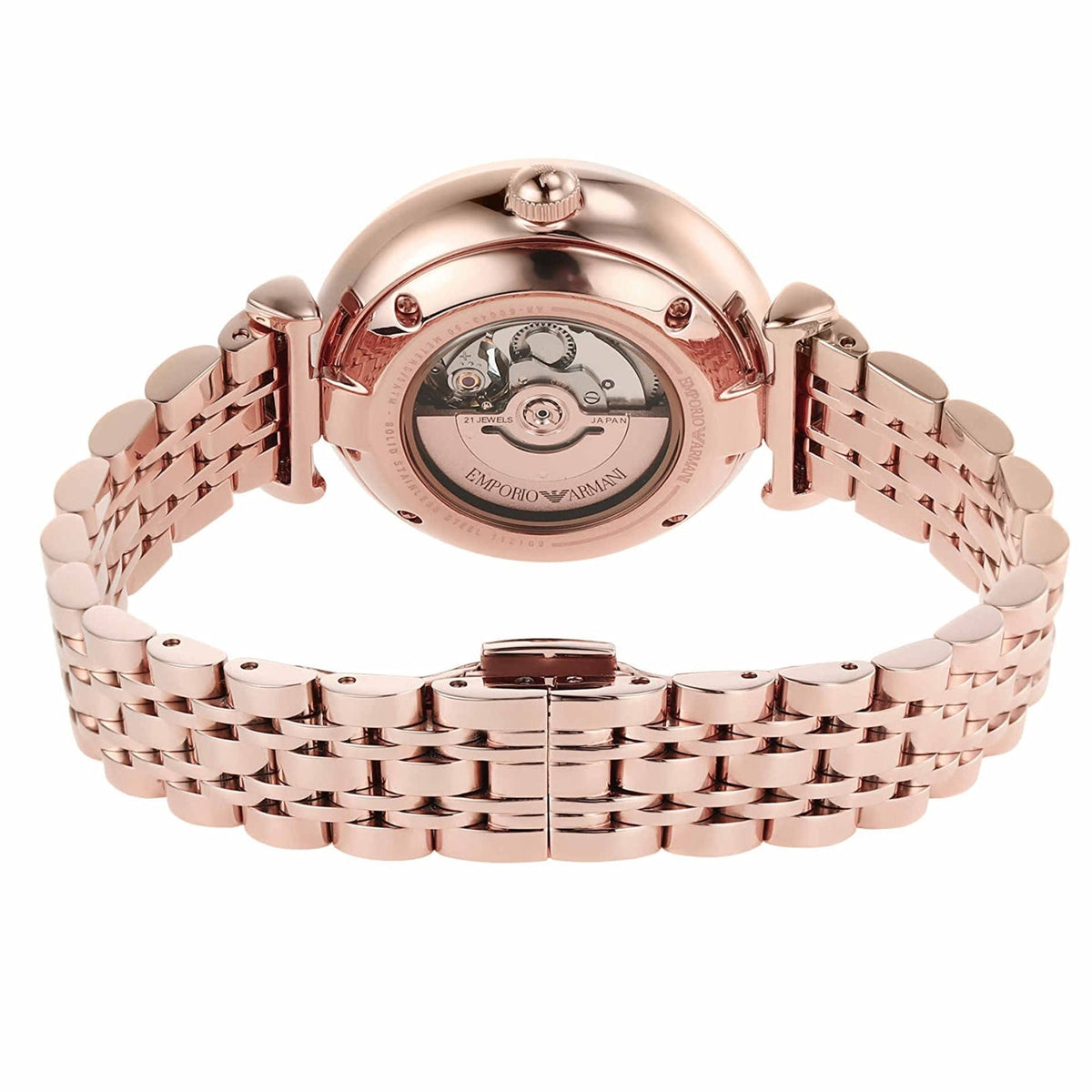 Emporio Armani Meccanico Gianni T Bar Blue Dial Rose Gold Steel Strap Watch For Women - AR60043