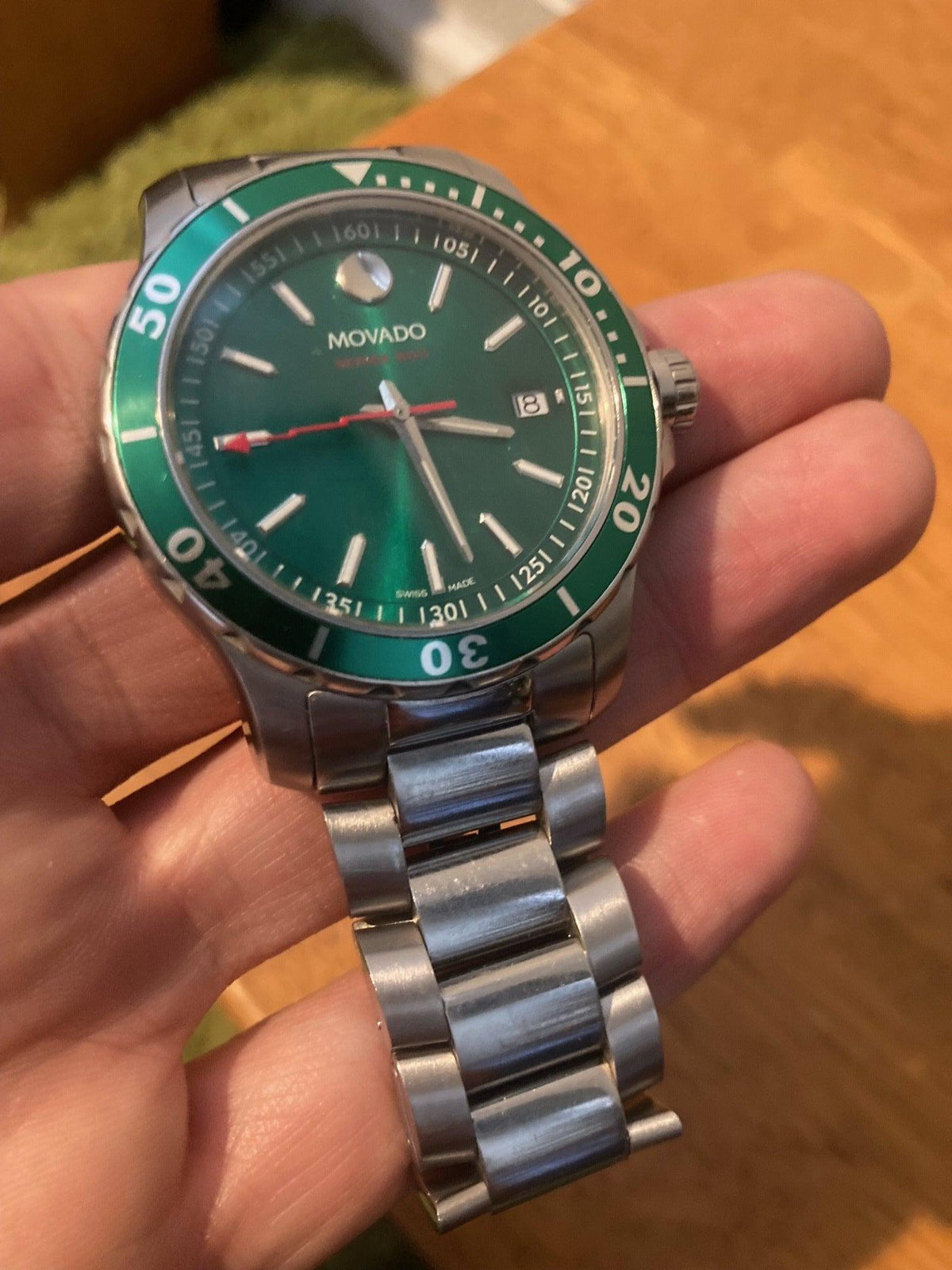 Movado Series 800 Green Dial Silver Steel Strap Watch For Men - 2600136