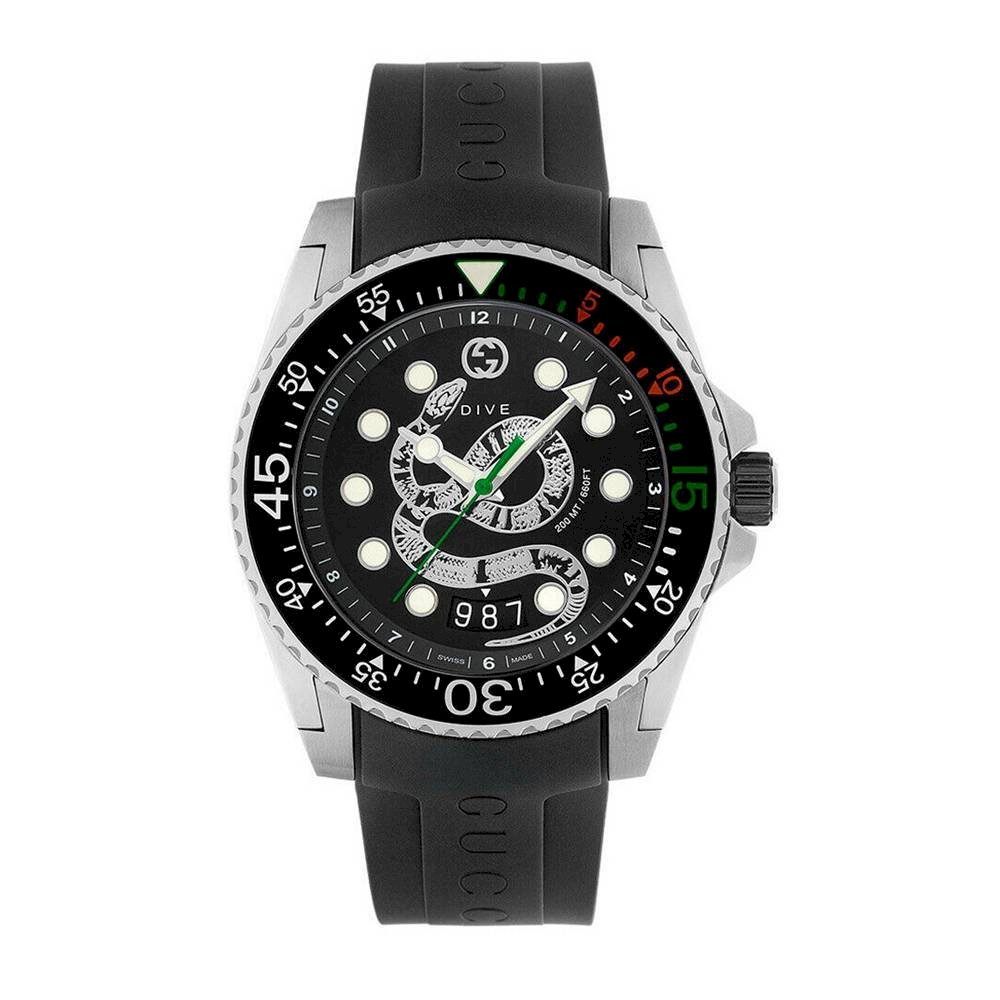 Shop Authentic Gucci Dive Quartz Kingsnake Black Dial Black Rubber Strap Watch For Men - YA136217 - Luxxuri