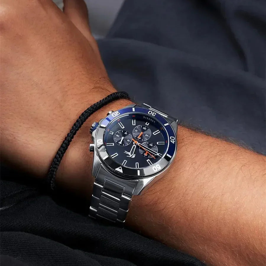 Lacoste Tiebreaker Chronograph Black Dial Silver Steel Strap Watch for Men - 2011155