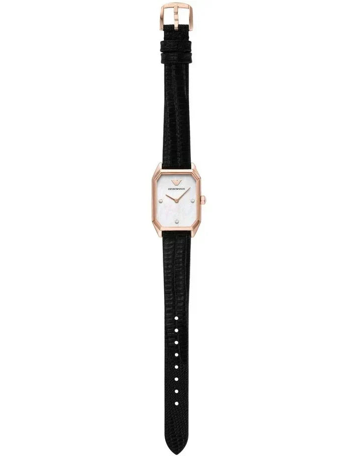 Emporio Armani Gioia Quartz Mother of Pearl Dial Black Leather Strap Watch For Women - AR11390