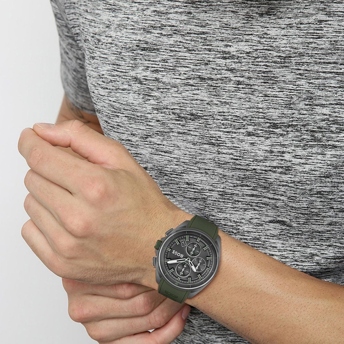 Hugo Boss Volane Chronograph Grey Dial Green Silicone Strap Watch For Men - 1513952