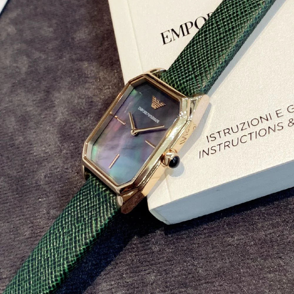 Emporio Armani Gioia Analog Black Mother of Pearl Dial Green Leather Strap Watch For Women - AR11149