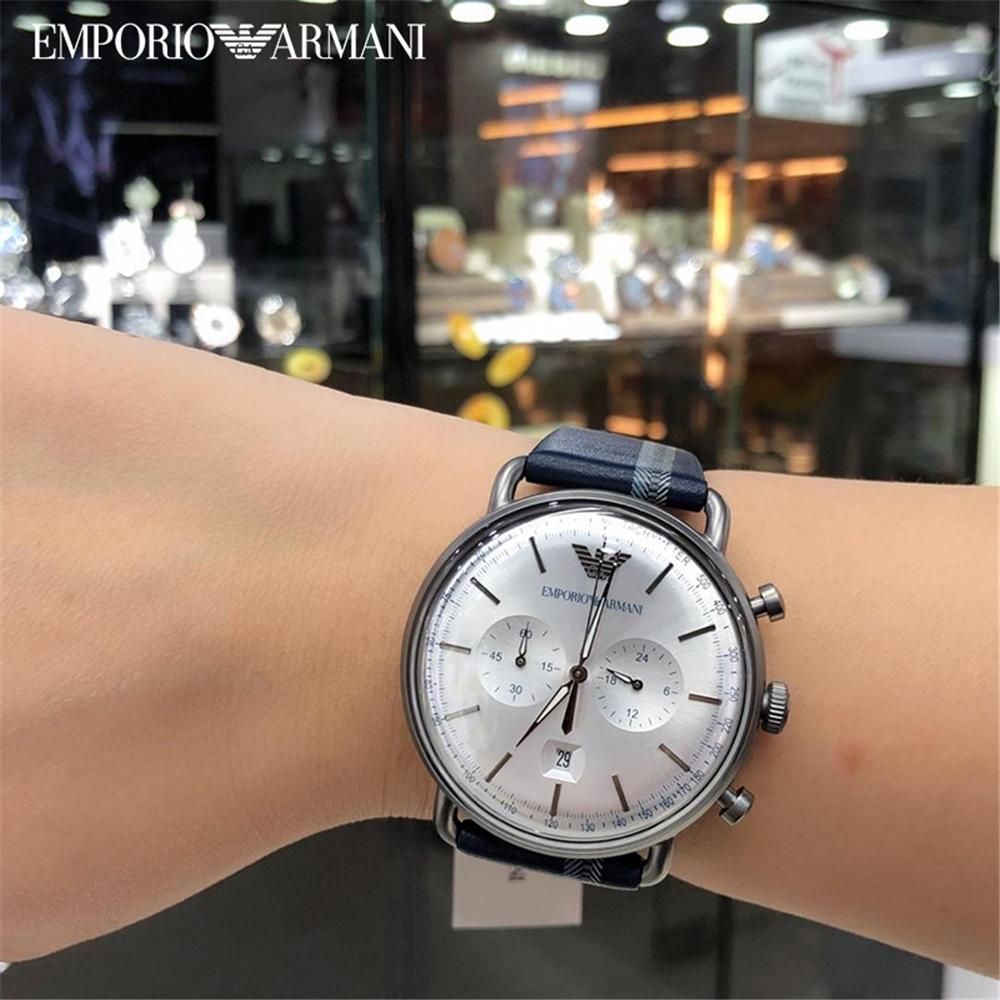Emporio Armani Aviator Silver Dial Two Tone Leather Strap Watch for Men - AR11202