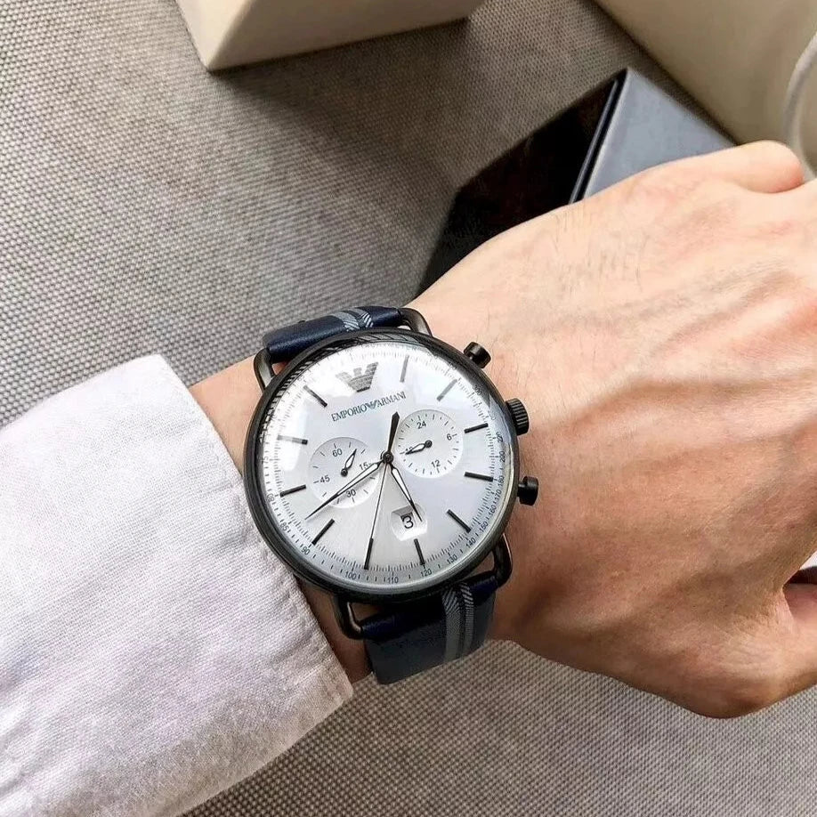 Emporio Armani Aviator Silver Dial Two Tone Leather Strap Watch for Men - AR11202