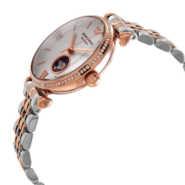Emporio Armani Meccannico Gianni T-Bar Analog White Dial Two Tone Steel Strap Watch For Women - AR60019
