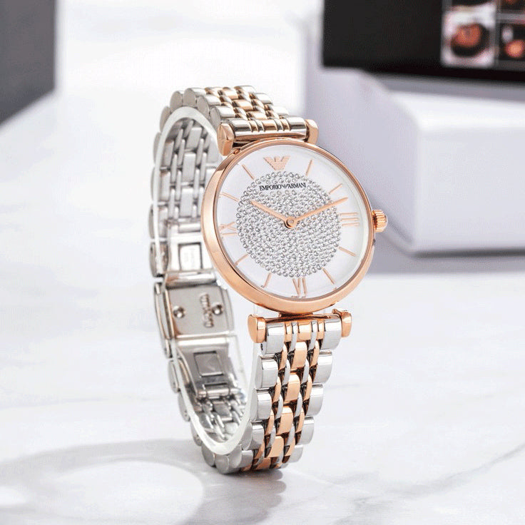 Emporio Armani Gianni T Bar White Dial Two Tone Steel Strap Watch For Women - AR80035