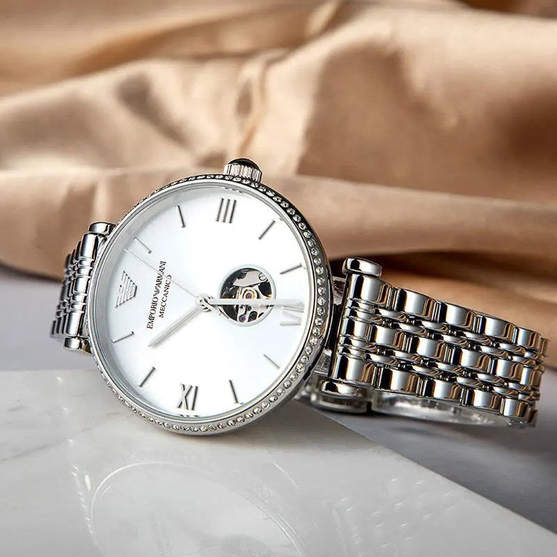 Emporio Armani Meccanico Gianni T-Bar Automatic Silver Dial Silver Steel Strap Watch For Women - AR60022