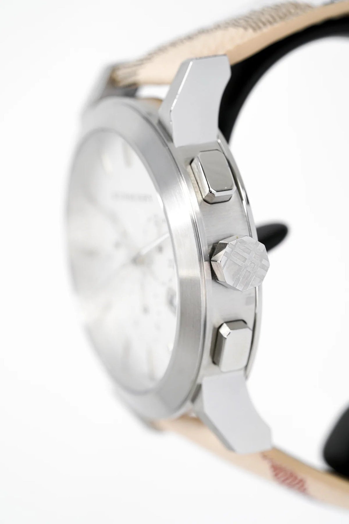 Burberry The City Chronograph White Dial Haymarket Leather Strap Watch For Men - BU9360