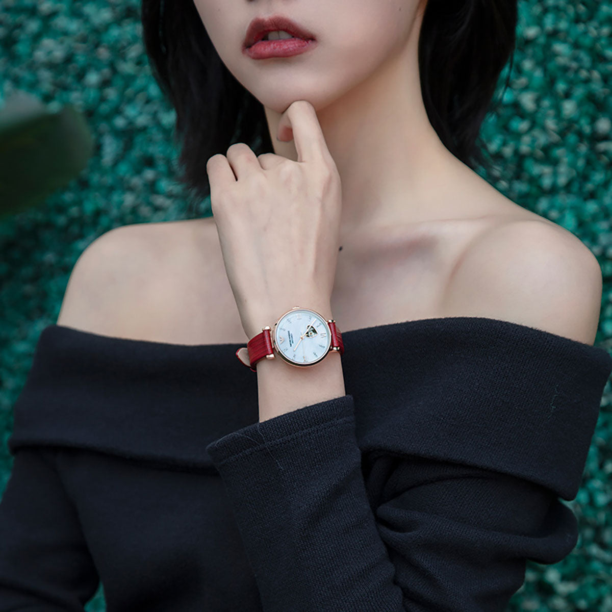 Emporio Armani Meccanico Gianni T-Bar Mother of Pearl White Dial Red Leather Strap Watch For Women - AR60048