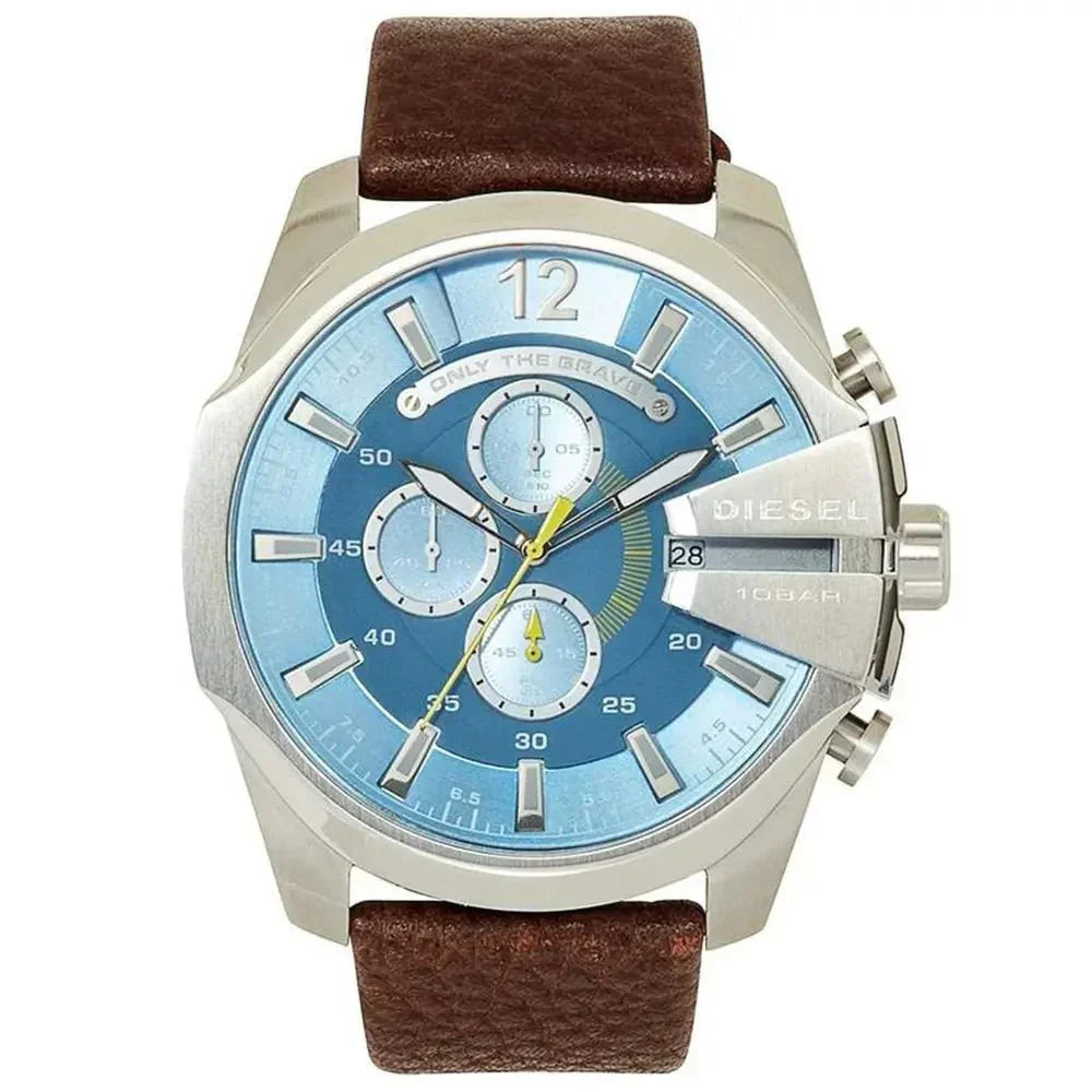 Diesel Mega Chief Chronograph Blue Dial Brown Leather Strap Watch For Men - DZ4281