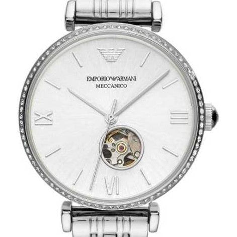 Emporio Armani Meccanico Gianni T-Bar Automatic Silver Dial Silver Steel Strap Watch For Women - AR60022