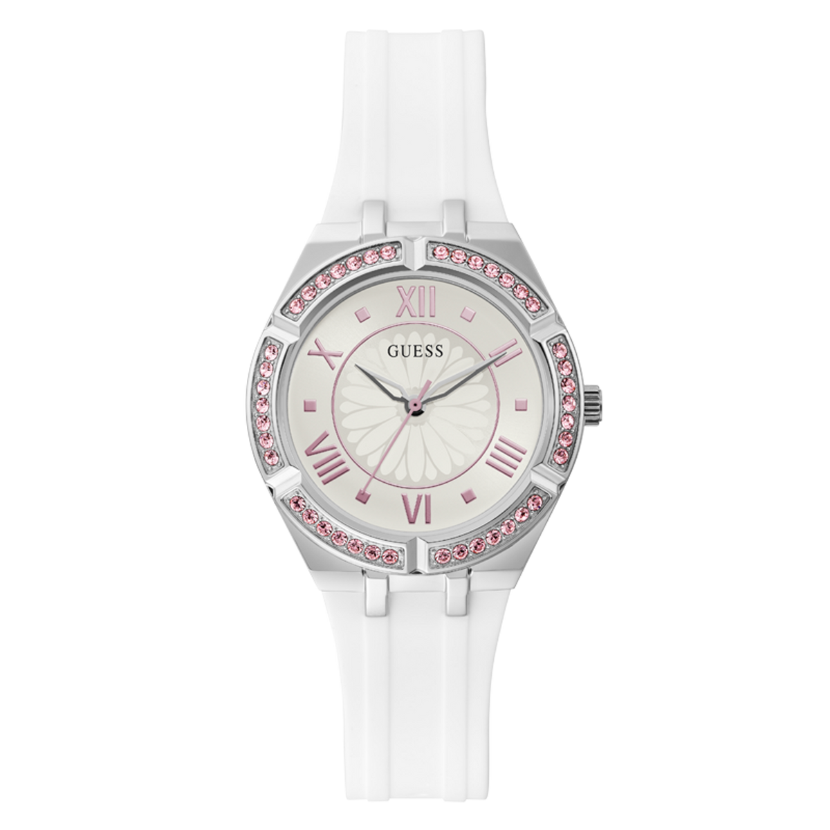 Guess Sparkling Silver Dial White Rubber Strap Watch For Women - GW0032L1