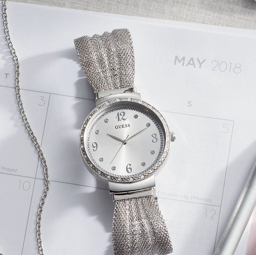 Guess Chiffon Silver Dial Silver Mesh Bracelet Watch For Women - W1083L1