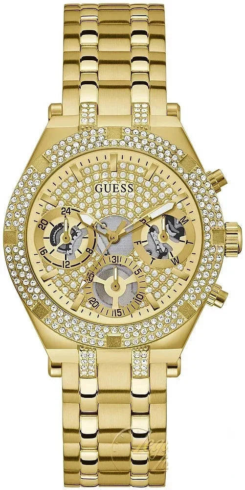 Guess Heiress Multifunction Diamonds Gold Dial Gold Steel Strap Watch for Women - GW0440L2