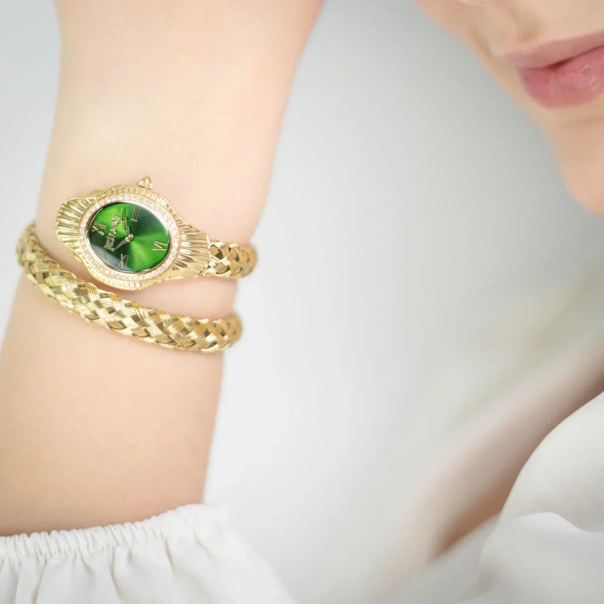 Just Cavalli Twined Green Dial Gold Steel Strap Watch for Women - JC1L305M0035