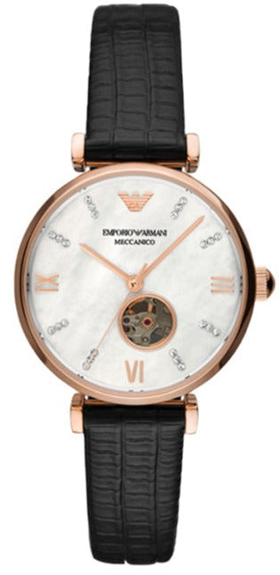 Emporio Armani Meccanico Gianni T Bar Mother of Pearl White Dial Black Leather Strap Watch For Women - AR60047