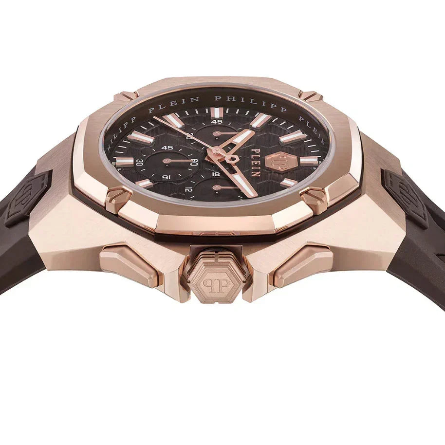 Philipp Plein Octagon Rose Gold Dial Brown Silicone Strap Watch for Men - PWTBA0223
