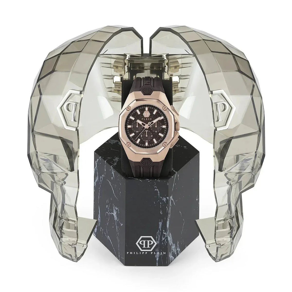 Philipp Plein Octagon Rose Gold Dial Brown Silicone Strap Watch for Men - PWTBA0223