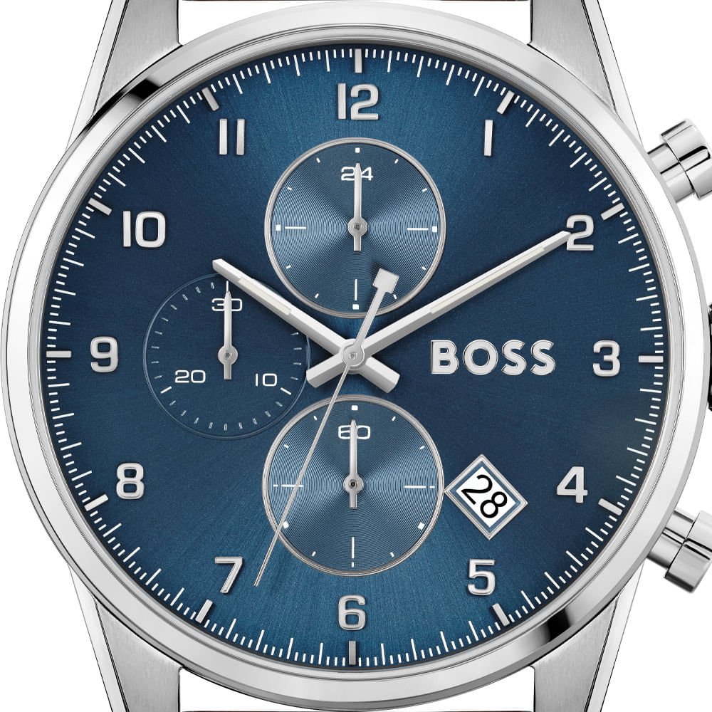 Hugo Boss Skymaster Chronograph Blue Dial Brown Leather Strap Watch for Men - 1513940