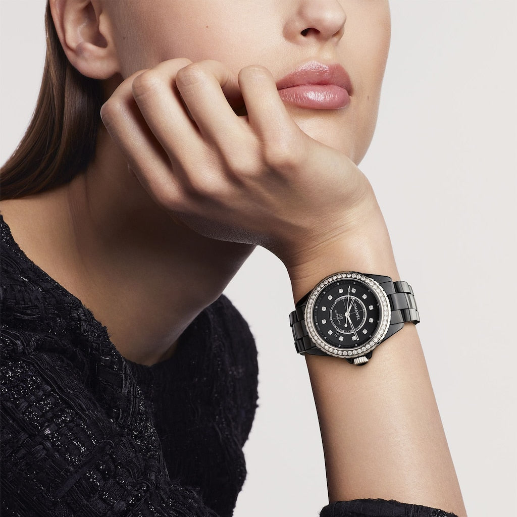 Shop Authentic Chanel J12 Diamonds Ceramic Black Dial Black Steel Strap Watch for Women - J12 H3108 - Luxxuri