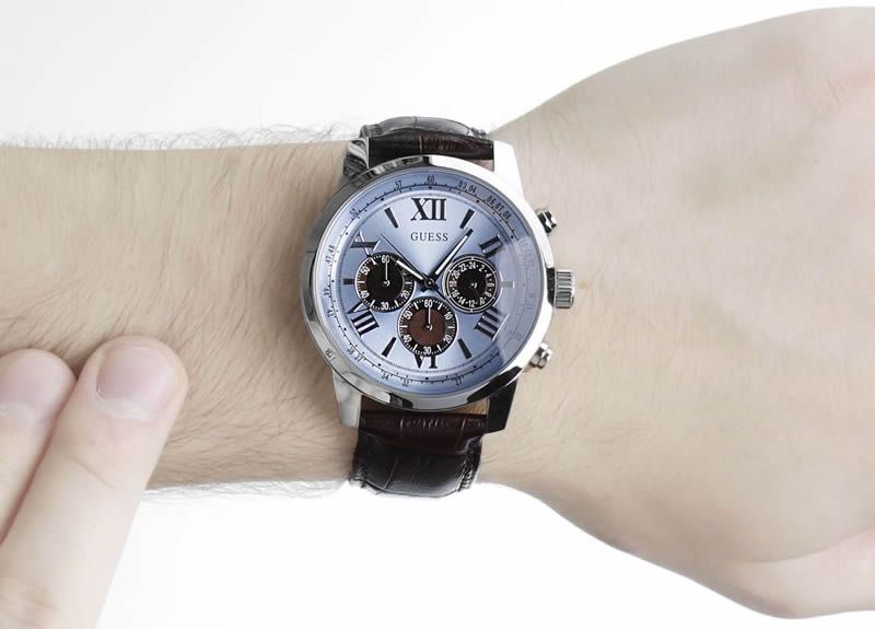Guess Horizon Chronograph Analog Blue Dial Brown Leather Strap Watch For Men - W0380G6