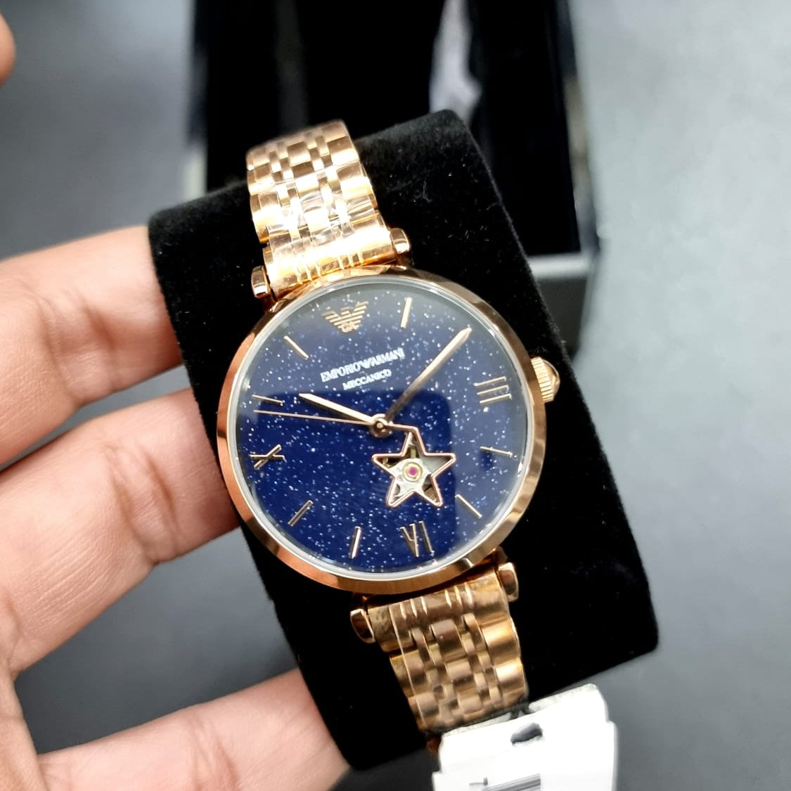 Emporio Armani Meccanico Gianni T Bar Blue Dial Rose Gold Steel Strap Watch For Women - AR60043